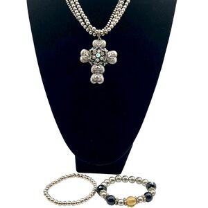 Vintage Silver Tone Cross Pendant Necklace & Beaded Bracelets Set.  N85